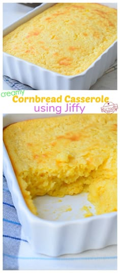 an image of cornbread casserole in a baking dish with text overlay