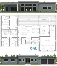 two story house plans with garage and living room in the middle, one bedroom on each floor