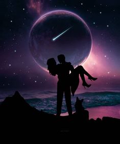 a man and woman standing on top of a hill under a purple sky with stars