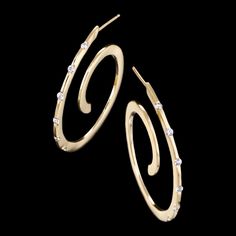 Spirale diamond earrings are timeless and chic. These unique and fashionable earrings feature diamonds set in 14kt yellow gold. Spiral Jewelry, Fashionable Earrings, White Gold Diamond Earrings