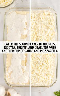 two images showing how to make layered noodle casserole