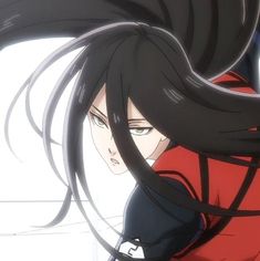 an anime character with long black hair and red shirt, looking at something in the distance