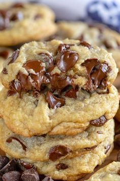 chocolate chip cookies stacked on top of each other