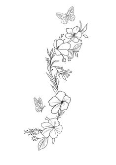 a line drawing of flowers and butterflies