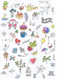 a drawing of many different things on a white sheet with words and symbols in the middle