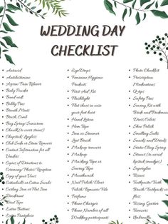 the wedding day checklist is shown with green leaves and branches on it, as well as