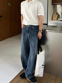 Blue Jeans Korean Outfit, Polo And Jeans Men Outfit, Malaysia Outfit, Baggy Outfits Men, Long Sleeve Polo Outfit, Recital Outfit, Outfit Mexicano, Jazz Outfits, Denim Pants Outfit