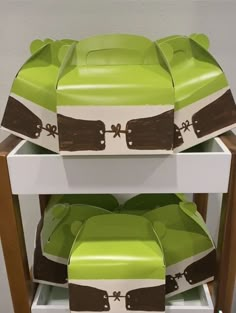 two boxes are stacked on top of each other in the shape of a turtle with brown and green stripes