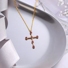 Pink Ruby Diamond Cross Necklace, 14k Solid Gold Christian Cross Necklace, First Communion Gift for Her, Religious Gemstone Jewelry Discover the elegance of our Ruby Cross and Diamond Cross necklaces, meticulously crafted in 14k gold. These exquisite pieces make for thoughtful First Communion Gifts, ideal for expressing your faith. They're perfect for Her, serving as both Christian Jewelry and Religious Jewelry. Adorned with a rich red Ruby, our Christian Cross Necklace is a symbol of grace and Yellow Gold Cross Pendant Necklace With Birthstone, Yellow Gold Birthstone Cross Pendant Necklace, Elegant Cross Pendant Necklace With Birthstone, Fine Jewelry Cross Pendant Necklace With Gemstone, Fine Jewelry Gemstone Cross Pendant Necklace, Gemstone Cross Pendant Necklace For Anniversary, Fine Jewelry Cross Gemstone Necklace, Fine Jewelry Gemstone Cross Necklace, Cross Shaped Gemstone Necklace Fine Jewelry