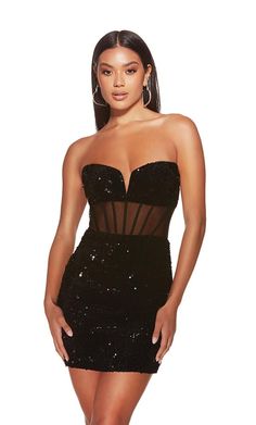 Own the dance floor in this alluring Alyce Paris homecoming dress (style 4934). This short dress is designed to turn heads with its combination of elegance and a touch of daring. The sheer fabric adds a hint of mystery, while the corset-inspired bodice ensures a flattering and comfortable fit that hugs your curves perfectly. The slight notch strapless bodice adds a touch of modern sophistication, and the convenient zipper back closure makes getting dressed a breeze. This Alyce Paris creation is Dresses For Dances, Dresses With Corsets, Corset Homecoming Dress, Sequin Homecoming Dress, Sheer Corset, Skirt Draping, Homecoming Dance, Alyce Paris, Short Party Dress