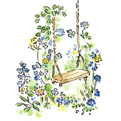 a drawing of a swing surrounded by flowers