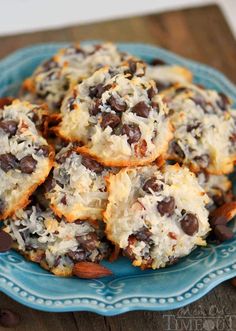 chocolate chip cookies are on a blue plate