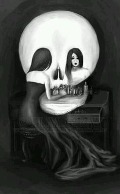 an image of a skeleton with a woman sitting on it's head in front of a