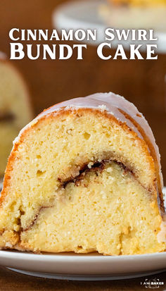 a slice of cinnamon swirl bundt cake on a plate