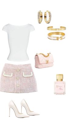 a woman's outfit and accessories including shoes, bracelets, ring, purse