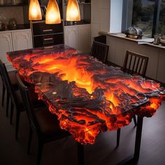 a table that is covered in fire and lava