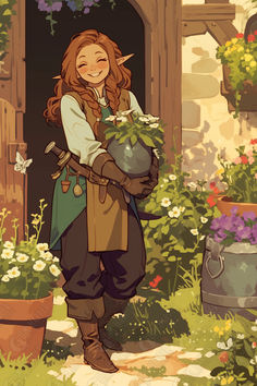 a woman with long red hair standing in front of flowers and holding a potted plant