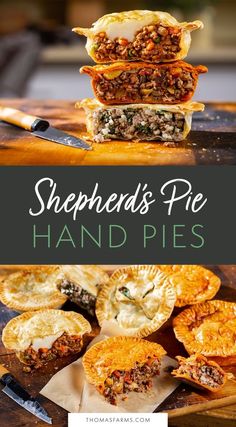 shepherd's pie hand pies stacked on top of each other with text overlay