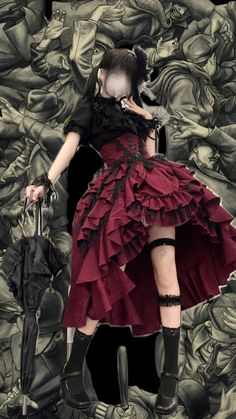 Gothic Puffy Dress, Dark Love Core Outfits, Loly Gothic Rabbit, Stolas Inspired Outfit, Long Ruffled Skirt For Costume Party, Dark Japanese Fashion, Black And Red Aesthetic Clothes, Fitted Asymmetrical Skirt With Ruffles, Fitted Asymmetrical Ruffled Skirt