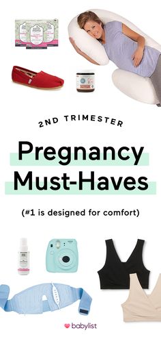 pregnant woman laying in bed with the title and trimester pregancy must - haves