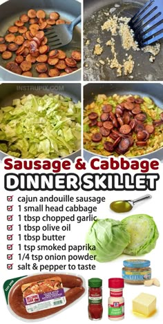 sausage and cabbage dinner skillet is shown in this poster with instructions for how to make it