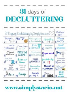 an image of a calendar with the words 31 days of decluttering on it