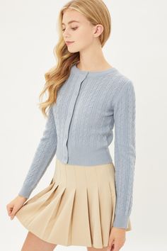 This timeless classic Buttoned Cable Knit Cardigan Long Sleeve Sweater is crafted from a soft and lightweight material that provides comfortable warmth. It features traditional cable knit design, with five-button closure and ribbed cuffs and waistband. It provides a stylish, breathable and relaxed layer that can be worn all year-round.Imported57% Acrylic 30% Polyester 13% NylonBlue StoneLOVzModel is wearing SIZE SLength:16" Waist:28" Bust:30" Fashion Forward Outfits, Cardigan Long Sleeve, Cardigan Long, Cable Knit Cardigan, Cozy Sweater, Collared Shirt, Knit Sweater Cardigan, Long Sleeve Cardigan, Long Cardigan