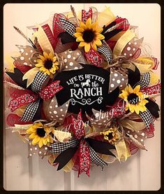 a life's better in the ranch wreath with sunflowers and polka dots