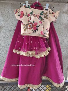 Product: Custom made girl kids dress. Fabric: Lehenga- silk with gota work border Top -printed chanderi silk Dupatta - net embroidered Delivery Time : Please keep me informed for any dates or times frame you keeping in mind. Purple Dola Silk Lehenga With Gota Work, Chanderi Sharara For Festivals, Purple Chanderi Lehenga With Gota Work, Purple Lehenga With Gota Work In Dola Silk, Pink Art Silk Dress With Gota Work, Purple Gota Work Dress For Diwali, Designer Wear Dupatta For Diwali, Purple Gota Work Dresses For Navratri, Purple Art Silk Dress For Navratri