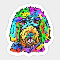 a multicolored dog sticker on a white background with the image of a colorful dog's face