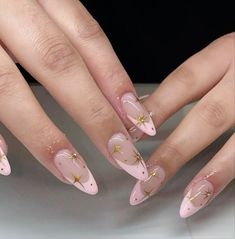 Gel X Nails Summer, Astronomy Nails, Leo Season Nails, Folklore Nails, Nails Pink And Gold, Nail Designs With Gems, Baddie Almond Nails, Summery Nails