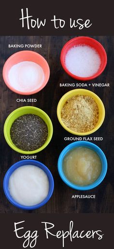 six bowls with different types of food in them on a wooden surface, labeled baking powder, baking soda, vinegar, ground flax seed, and yogurt