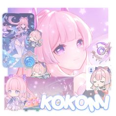 an anime character with pink hair and blue eyes, in front of purple background that says kokon