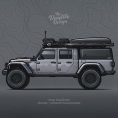 a white jeep with a black roof rack