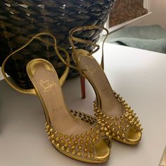 Used Loubitins. Worn But Could Be Brought Back To Life With A Good Shoe Rehabber. Designer Spiked Open-toe Heels, Gold Studded Heels For Party, Elegant Gold Heels With Spikes, Back To Life, Louboutin Shoes, Christian Louboutin Shoes, Nice Shoes, Shoes Women Heels, Christian Louboutin