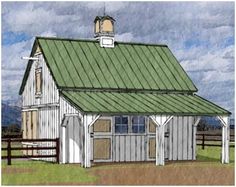 a white barn with a green roof and a brown horse standing in front of it