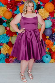 Sydneys Closet SC8115 Plus Size Satin A Line Formal Cocktail Dress Homecoming Pockets Colors: Melon, Sapphire, Violet Size Availability: 14-32 A-line silhouette Scoop neckline Strap = 5/8 inch Pockets Fully lined polyester satin Sizes: 20 Colors: Red Purple A-line Fit And Flare Dress, Summer Bridesmaid Dresses With Full Skirt, Purple A-line Cocktail Dress, Purple A-line Bridesmaid Dress, Purple Fit And Flare A-line Dress, Purple Full Skirt Dress For Spring, Purple A-line Cocktail Midi Dress, Purple A-line Midi Dress For Cocktail, Elegant Purple Dress With Full Skirt