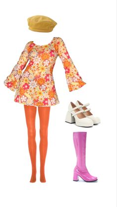 70s Flower Outfit, Groovy Retro Outfit, 70s Groovy Outfits, 60s Gogo Fashion, 70s Fashion Women Outfit Ideas, Crazy Outfit Ideas, 1960s Fashion Aesthetic, Groovy Outfits 70s, Mod Fashion 60s