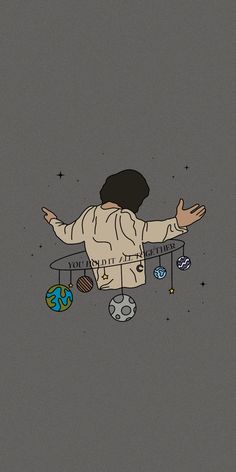 a drawing of a person standing in front of a table with balls and stars on it