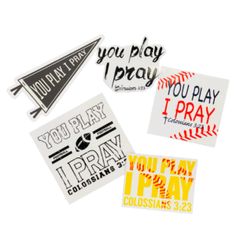 four stickers that say you play pray and pray for the first time in baseball