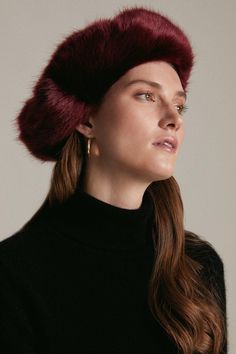 Faux Fur Beret Winter Brimmed Beret One Size Fits Most, One Size Winter Beret, Elegant Burgundy Hat For Winter, Elegant Winter Hat One Size, Classic Burgundy Hats For Winter, Classic Burgundy Winter Hat, Classic Winter Beret One Size, Classic Fitted Beret For Winter, Classic Fitted Winter Beret