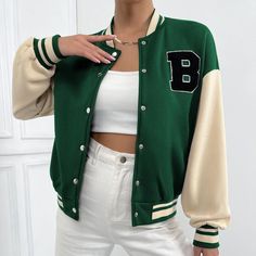 Xs=2 S=4 M=6 L=8/10 Xl=12 Xxl=14 Brand New Ships In 6-10 Days Style: Preppy Pattern Type: Letter, Colorblock Details: Pocket, Button Front Type: Bomber Neckline: Baseball Collar Sleeve Length: Long Sleeve Sleeve Type: Drop Shoulder Length: Regular Placket: Single Breasted Fit Type: Regular Fit Fabric: High Stretch Material: Polyester Composition: 100% Polyester Care Instructions: Machine Wash, Do Not Dry Clean Sheer: No Green Varsity Jacket, Varsity Jacket Women, Patchwork Coat, Women Jackets, Casual Vest, Green Jacket, Casual Jacket, Printed Skirts, Outerwear Women