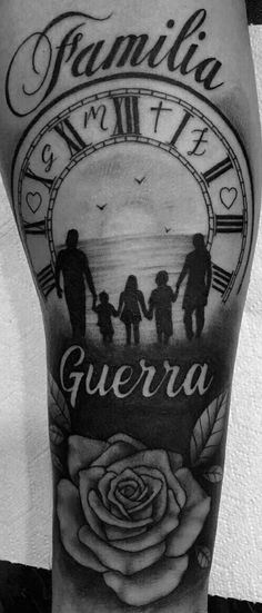 a black and white photo of a family with a rose on their leg that says guera