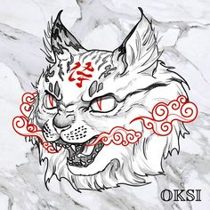 a drawing of a cat with chinese writing on it's face and the words ok written in red