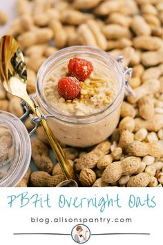 peanut butter overnight oats with raspberries in a jar and peanuts on the side