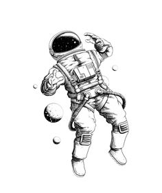 an astronaut floating in the air with his hand on his hip and pointing at something