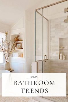 a white bathroom with the words 2012 bathroom trend in black and white overlays