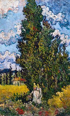 a painting of two people standing next to a large tree in the middle of a field