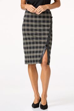 Work hard slay hard wearing this contemporary style A comfortable pullon waist meets a flattering silhouette while a classic plaid and faux leather trim come together for the perfect fit27 in lengthPullon waistBody 65 polyester 32 rayon 3 spandexCoating polyurethaneBase 100 polyesterHand washImported Pencil Skirt Black, Come Together, Leather Trim, Leather Trims, Work Hard, Contemporary Style, Pencil Skirt, Faux Leather, Pencil