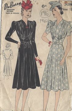 ~ Circa/Date: 1940s ~ Details:    Two style variation DRESS by 'Du Barry' ~ Size/Measurements (Inches):     ~ Size: 12     ~ BUST: 30″     ~ Waist: 26″      ~ Hip: 33″ ~ Please Note: ~ You are buying a 'Professional Reproduced' copy of this sewing pattern. Copied from the original sewing pattern. Produced in Full Scale Pattern Pieces ready to cut with full instructions included. Reproduced on high quality 50 gm paper with black ink, durable and easier for reuse. Printed by a Professional Printing Company.   ~ With this product comes an accompanying 'Booklet' and inside the Booklet it includes: ~ A 2-page Instructions and Illustrations on 'How to Adjust Your pattern to your Personal Measurement.' ~ Personal Measurement Chart ~ Body Form Illustrations ~ Fitting Checklist ~ Metric Equivalency Simplicity Sewing Patterns Dresses, 1930s Dress Pattern, 1950s Fashion Dresses, Patron Vintage, Fashion 1940s, Vintage Dress Patterns, Motif Vintage, 1940s Dresses, 1930s Fashion